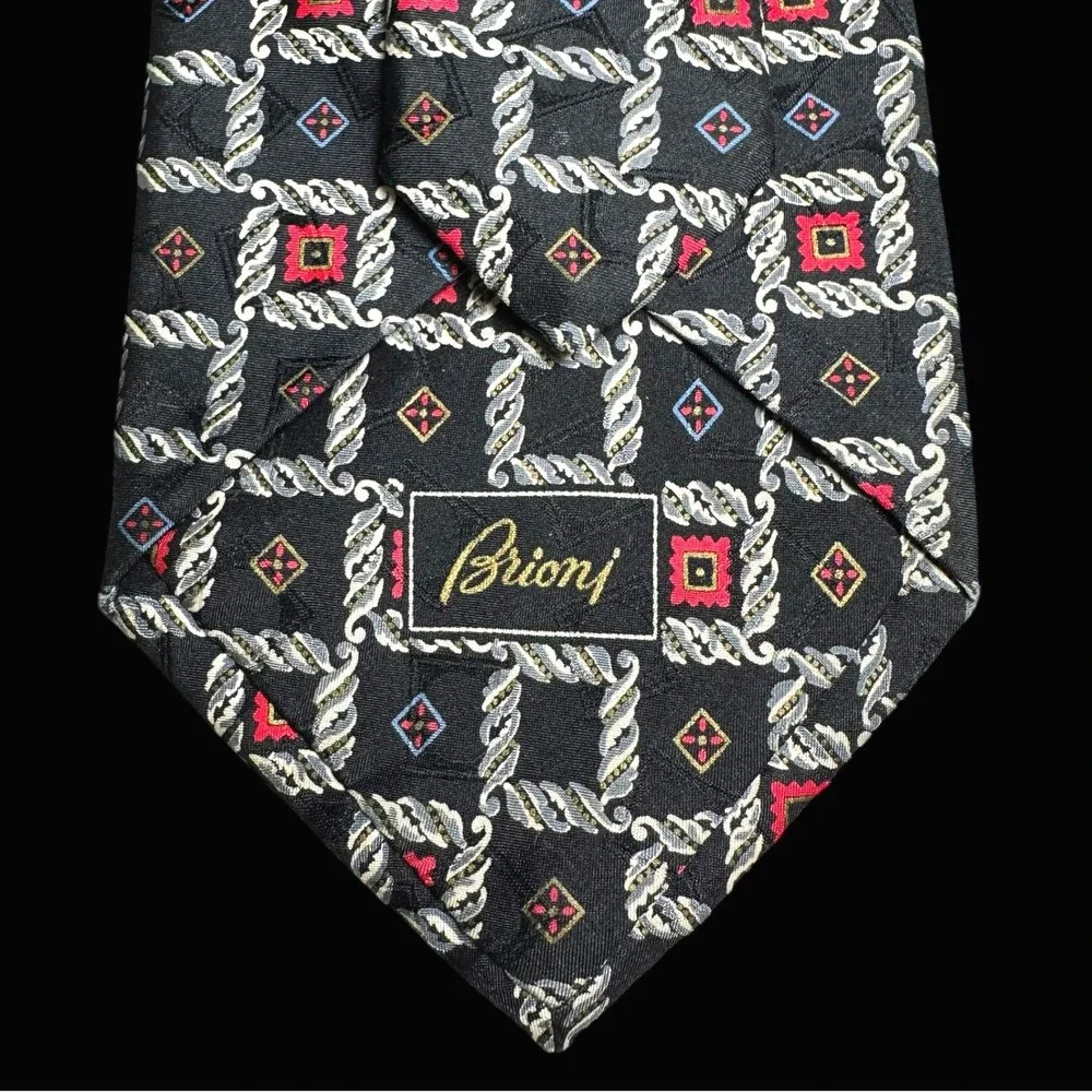Brioni Mens Silk Tie Black Red Silver Rope‎ Medallion Geometric Handmade Italy